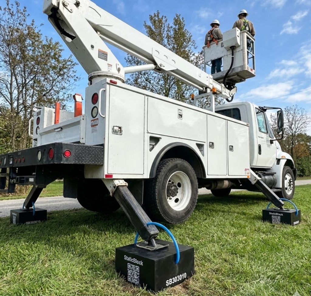 Un camion blanc à nacelle élévatrice avec deux personnes dans le panier, stationné sur l'herbe.