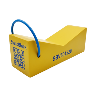 Жовтий опорний блок із синім ручкою та QR-кодом, розмір 600x150x200 мм.