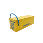 Żółty blok podporowy z niebieskim uchwytem, oznaczony StaticBlock SB601010, kod QR z boku.