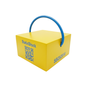 Жовтий опорний блок квадратної форми з синьою ручкою та QR-кодом на одній стороні.