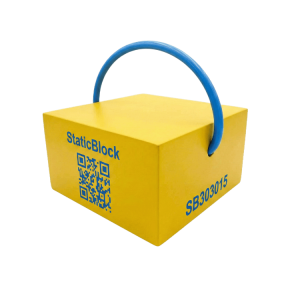 Жовтий опорний блок із синьою ручкою та QR-кодом, розміром 30 см x 30 см x 15 см.